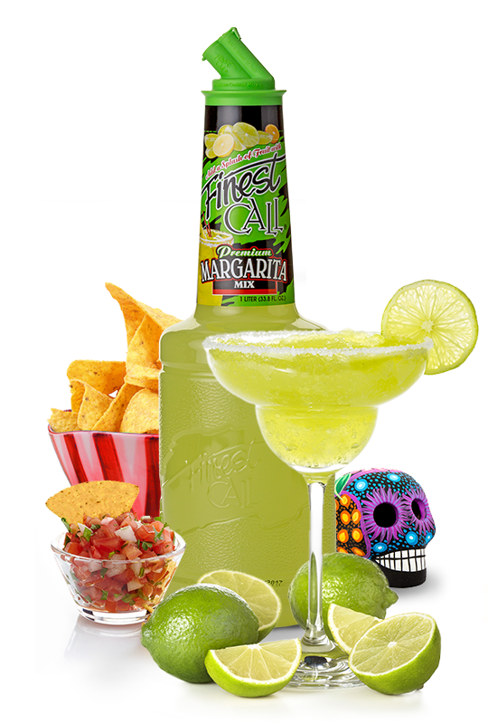 A margarita mix for mixed drinks surrounded by chips and limes.