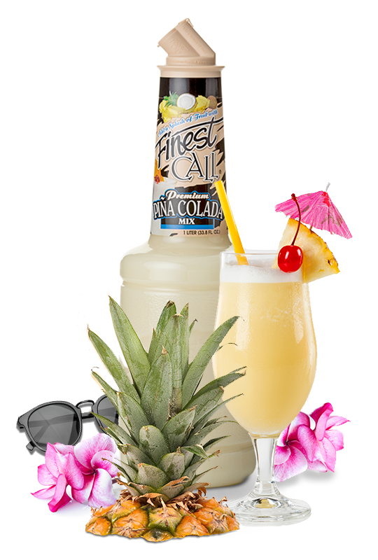 A Piña Colada Mix for mixed drinks surrounded by tropical items.